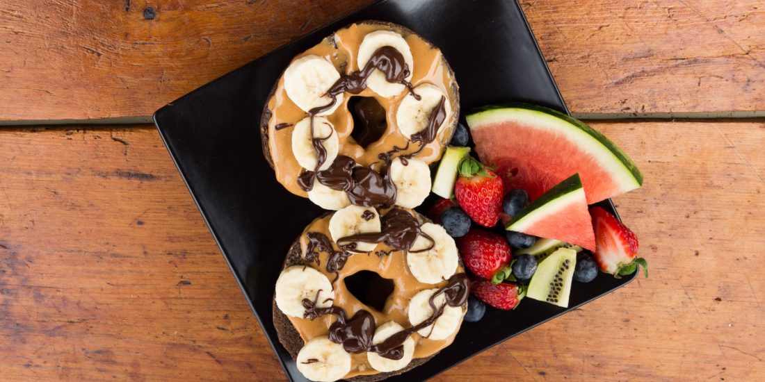 Chocolate Bagel with Peanut Butter and Bananas